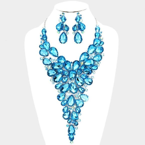 Aqua Blue Crystal Teardrop Cluster Vine Necklace & Matching Earrings - Picture 1 of 6